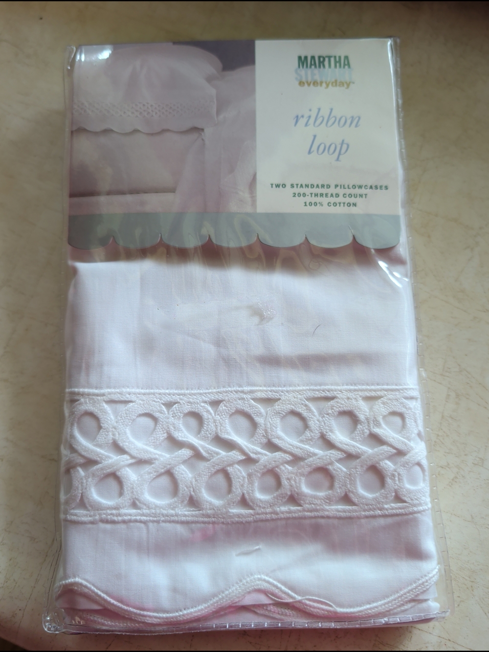 Martha Stewart White Cotton Ribbon Loop Pillowcase Set Vintage